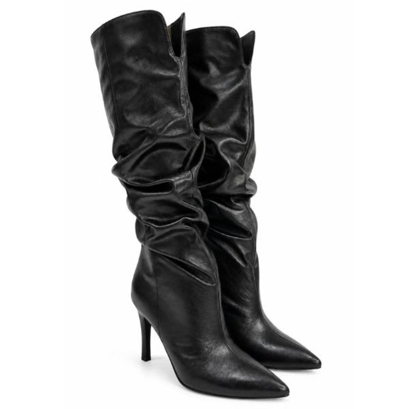 ŽENSKE DUBOKE ČIZME SA ŠTIKLOM I EFEKTNIM NABORIMA LX562639-BLK-PU