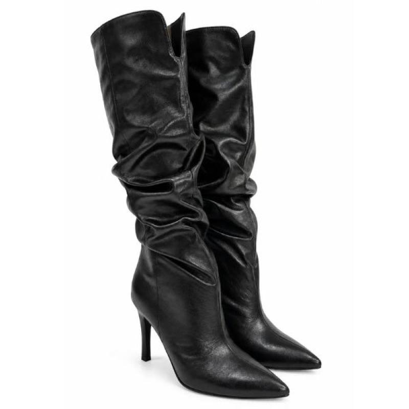 ŽENSKE DUBOKE ČIZME SA ŠTIKLOM I EFEKTNIM NABORIMA LX562639-BLK-PU