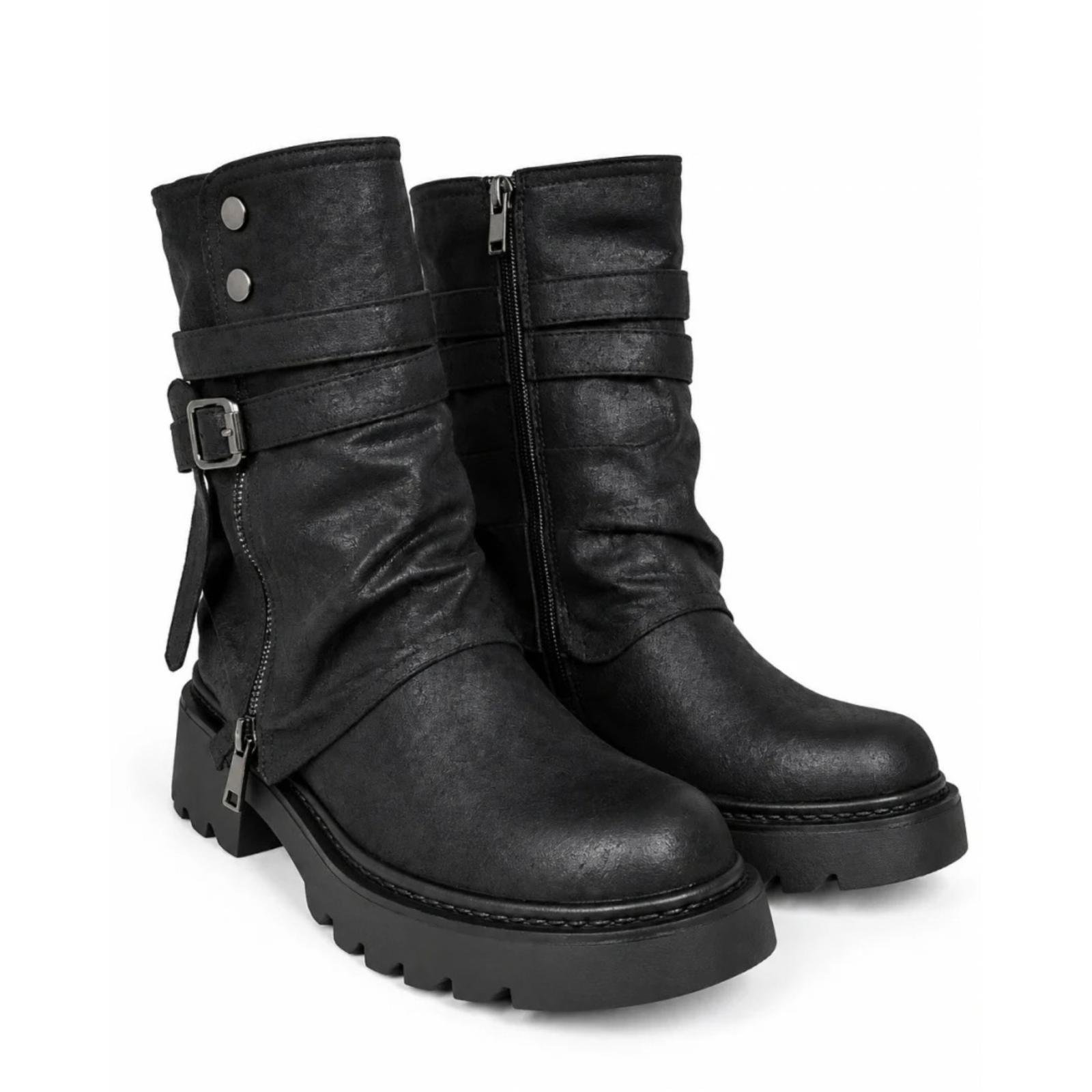 Ženske čizme kratke sa dekorativnim kaiševima - LH352619-BLK