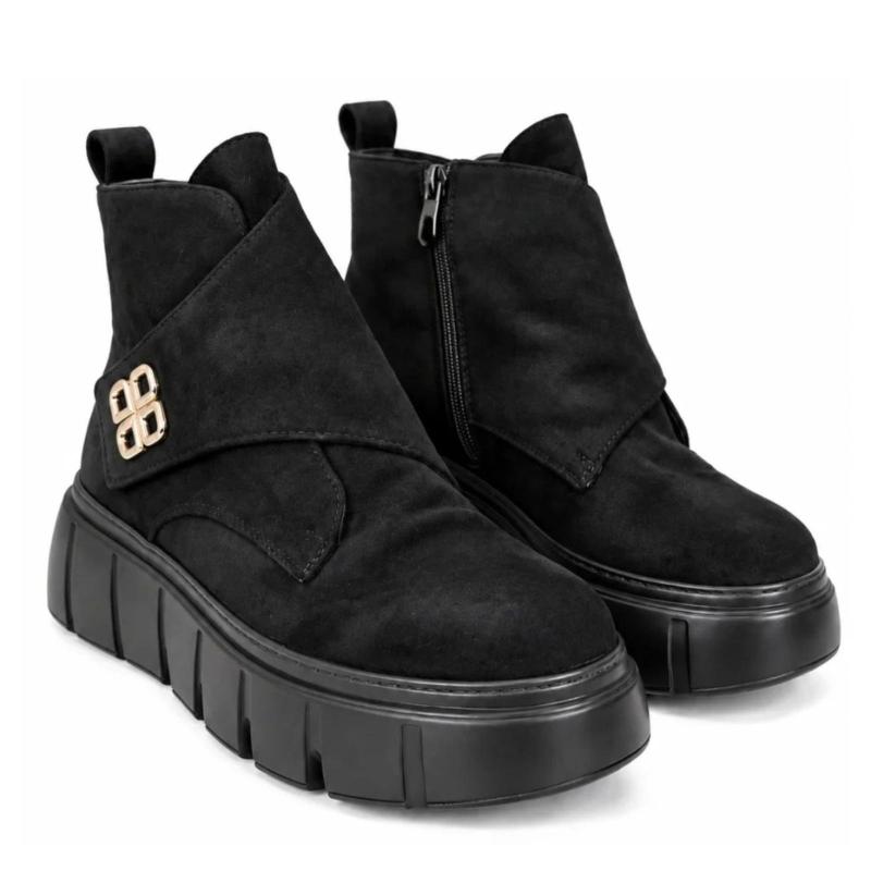 Ženske čizme kratke sa masivnim đonom i zlatnim detaljem - LH052606-BLK