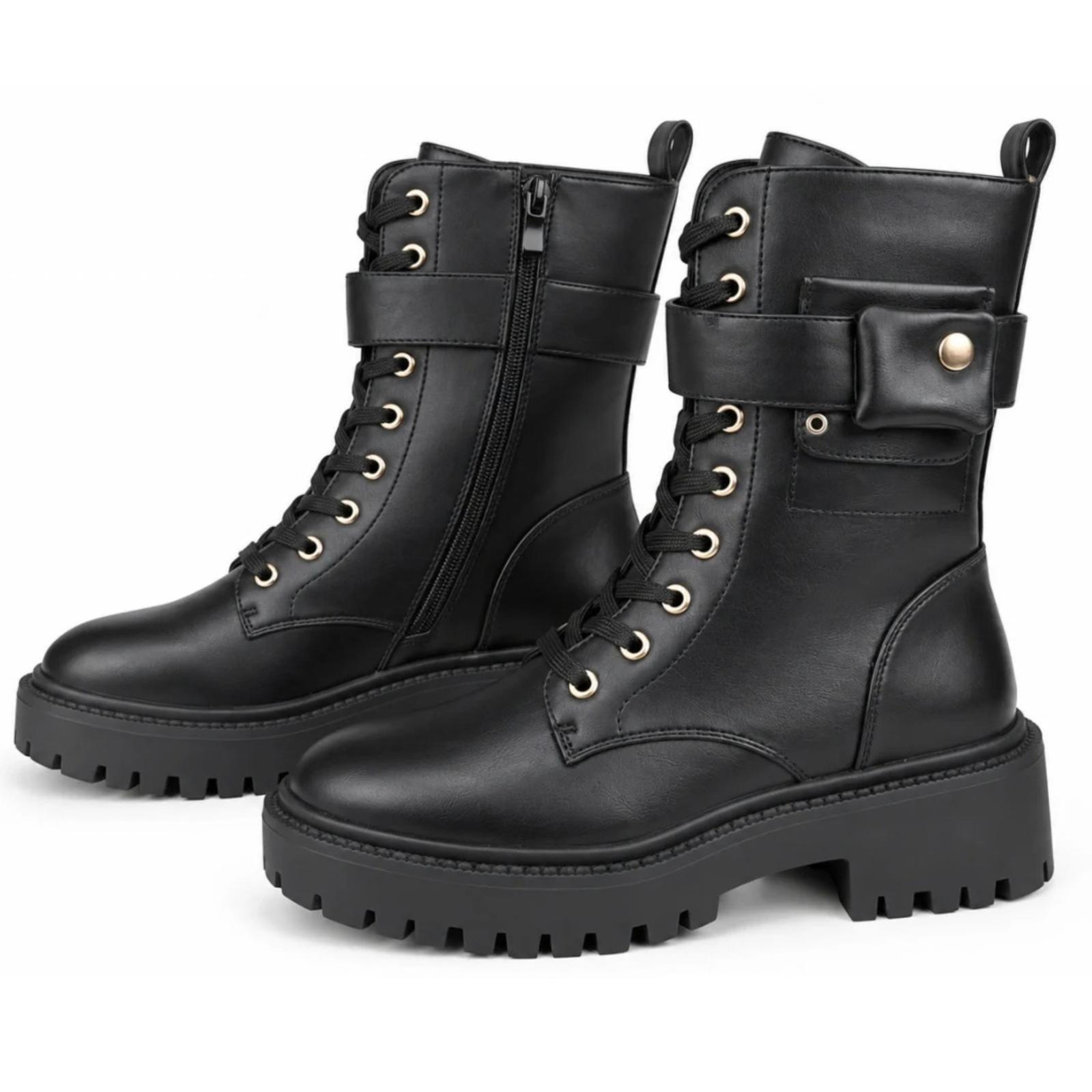 Ženske čizme sa pertlama i naglašenim đonom - LH052610-BLK