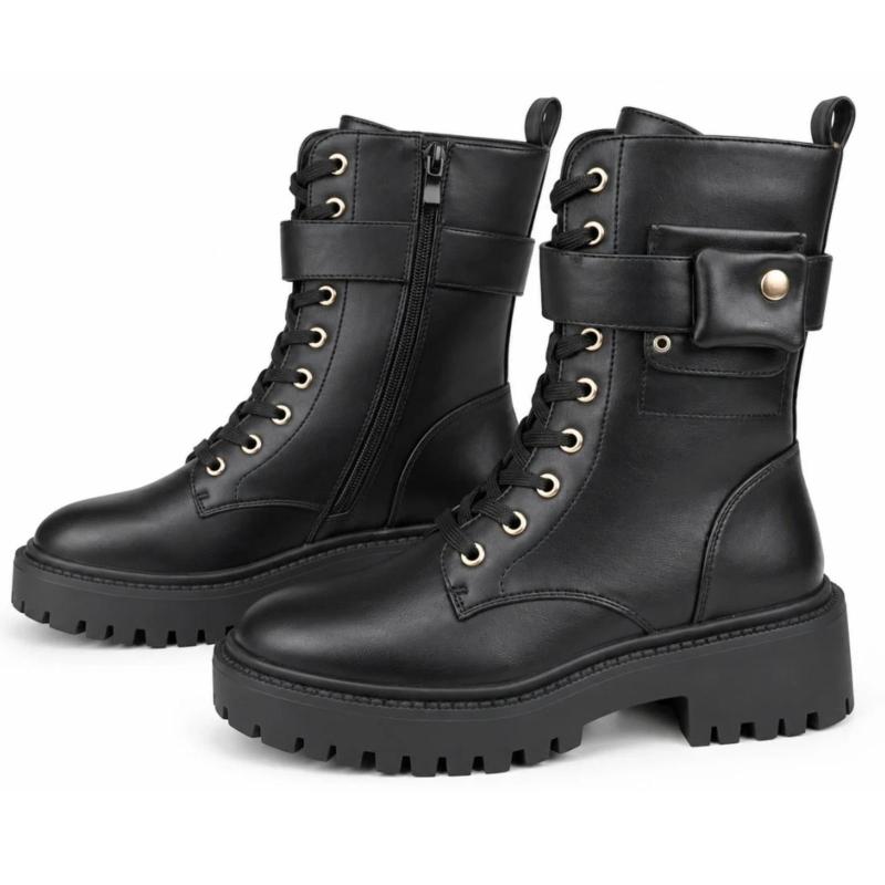 Ženske čizme sa pertlama i naglašenim đonom - LH052610-BLK