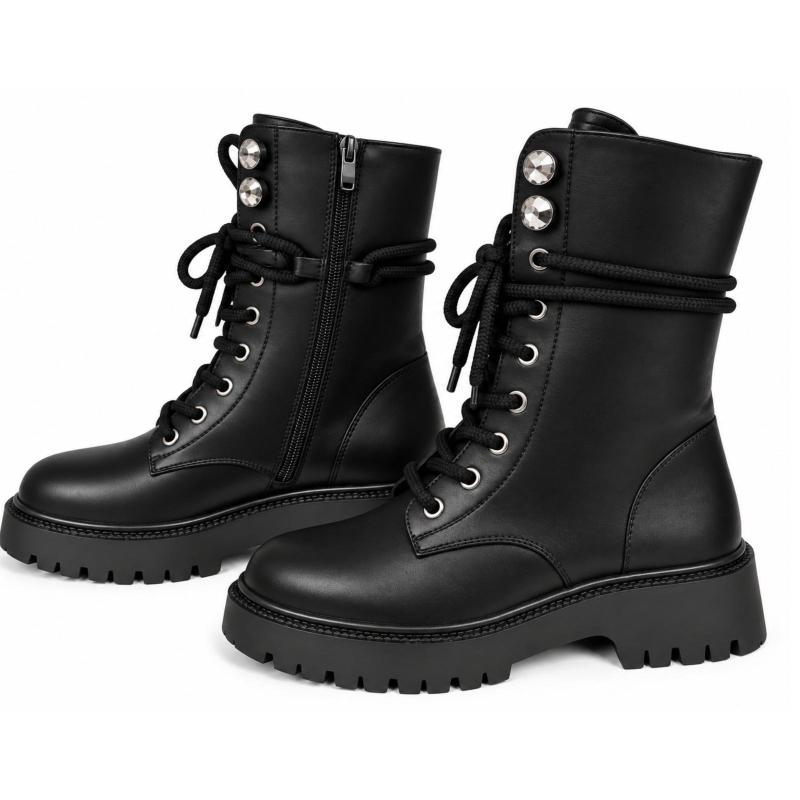Ravne martinke sa pertlama i toplom postavom - LH352616-BLK