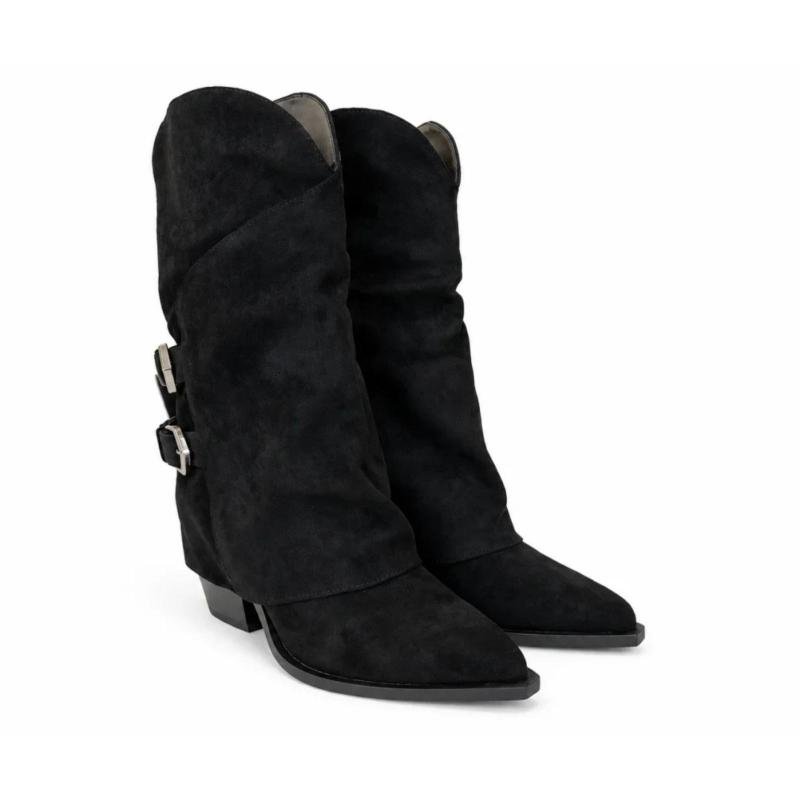 Ženske kaubojke sa dekorativnim kaiševima - LH562607-BLK