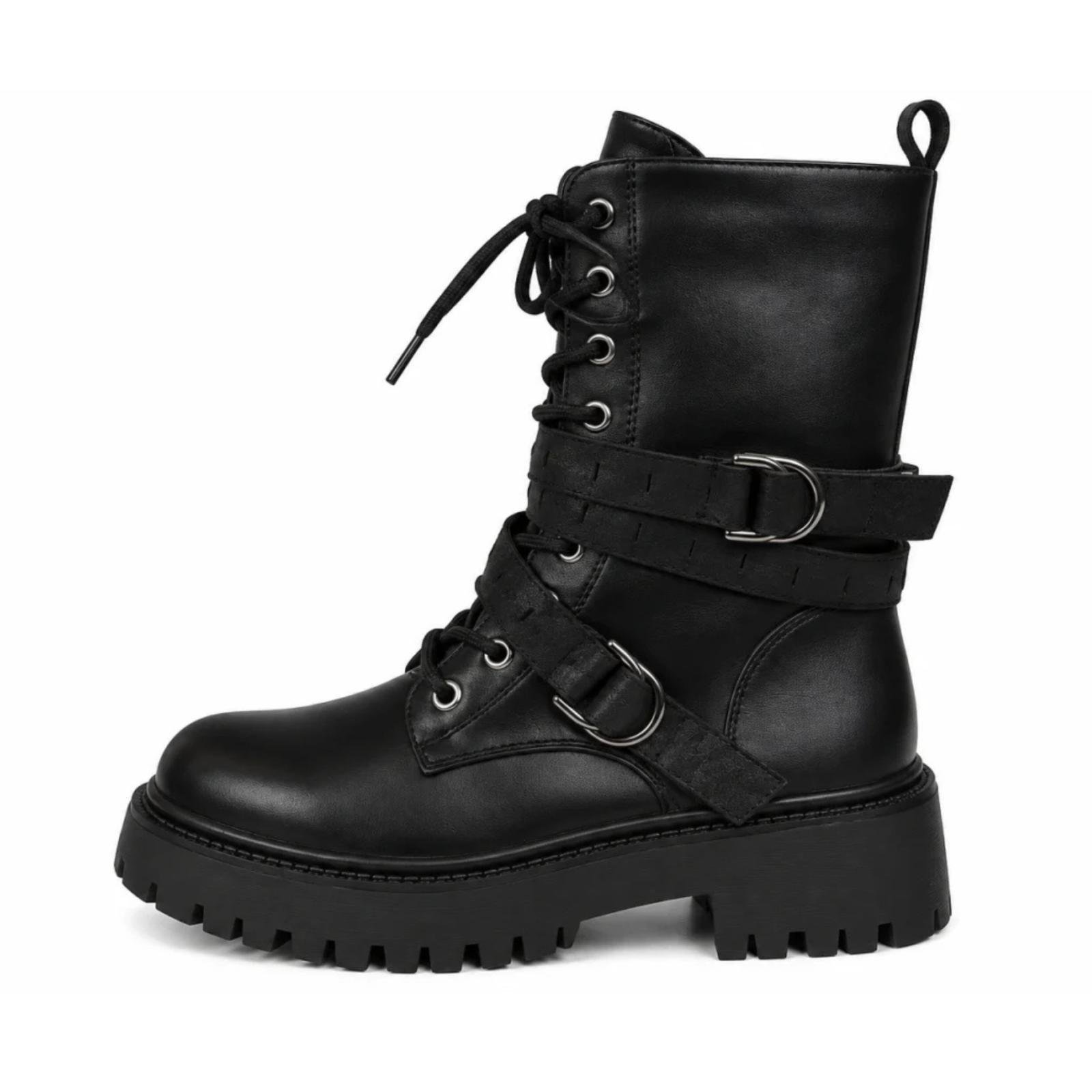 Ženske ravne čizme sa dekorativnim kaiševima - LH352618-BLK-PU