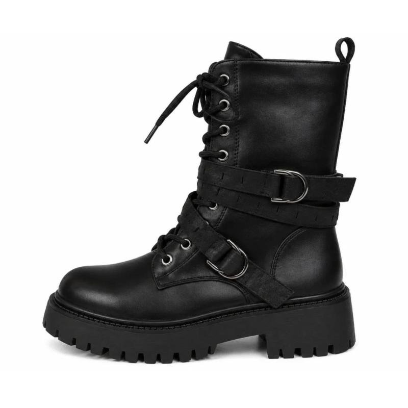 Ženske ravne čizme sa dekorativnim kaiševima - LH352618-BLK-PU