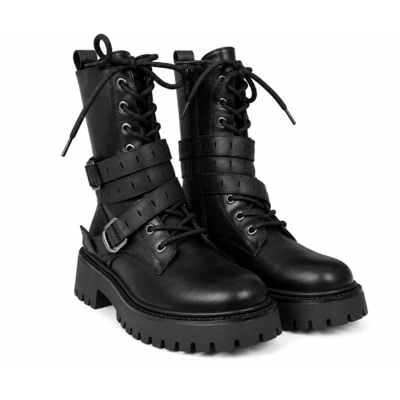 Ženske ravne čizme sa dekorativnim kaiševima - LH352618-BLK-PU