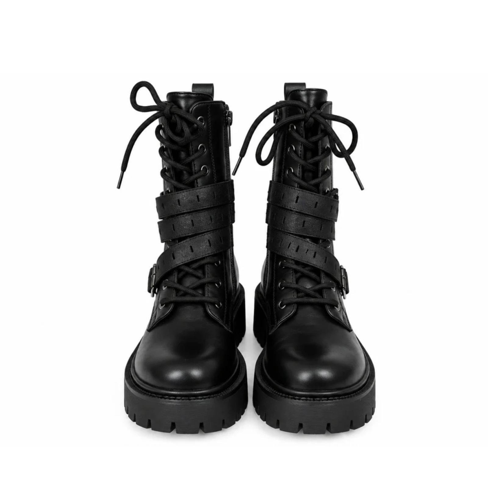 Ženske ravne čizme sa dekorativnim kaiševima - LH352618-BLK-PU