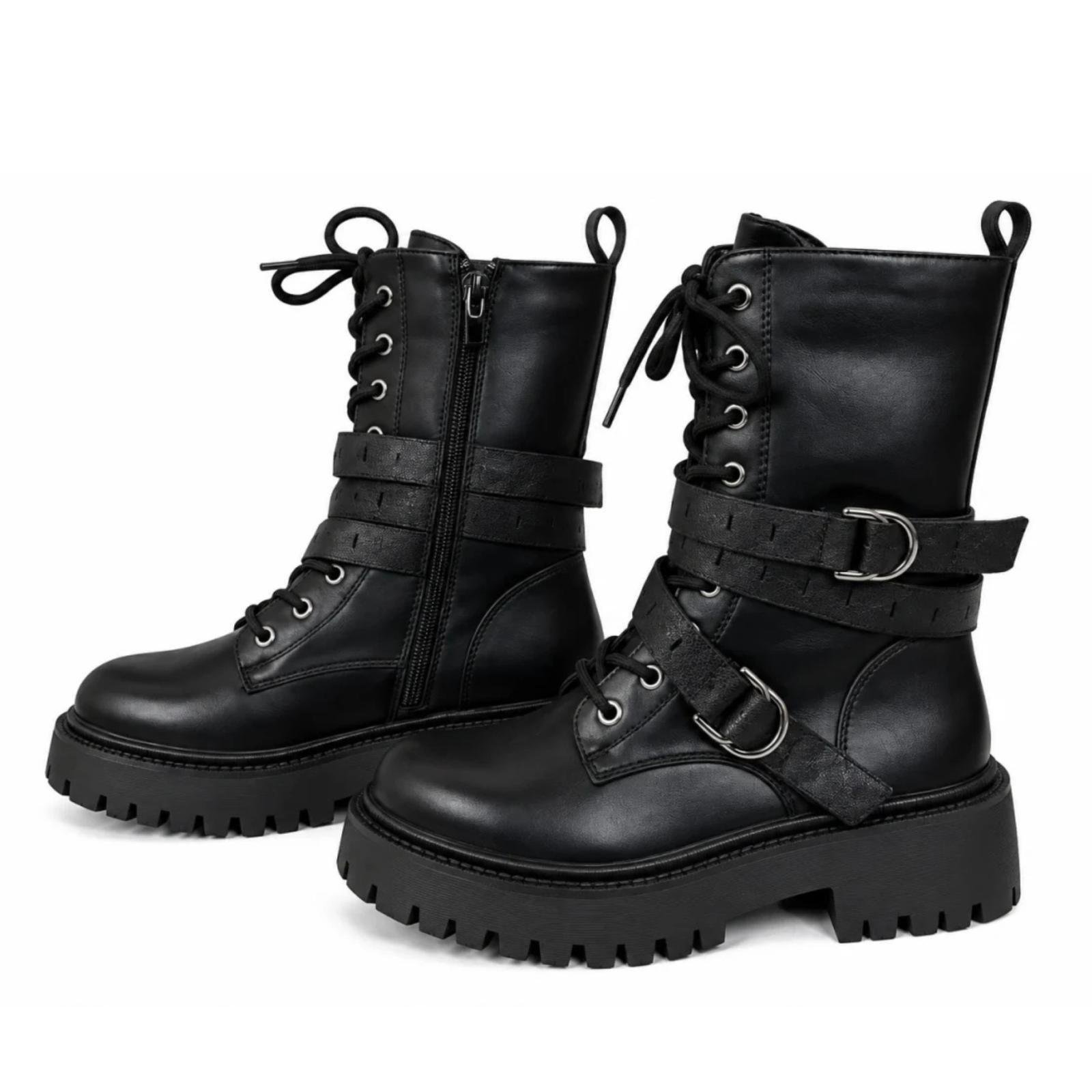 Ženske ravne čizme sa dekorativnim kaiševima - LH352618-BLK-PU